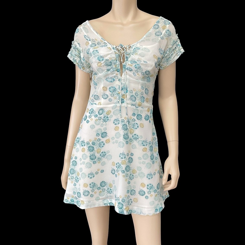 Free People Mini Dress Women Size 2‎ Ivory Floral Short Sleeve Boho NWT $128